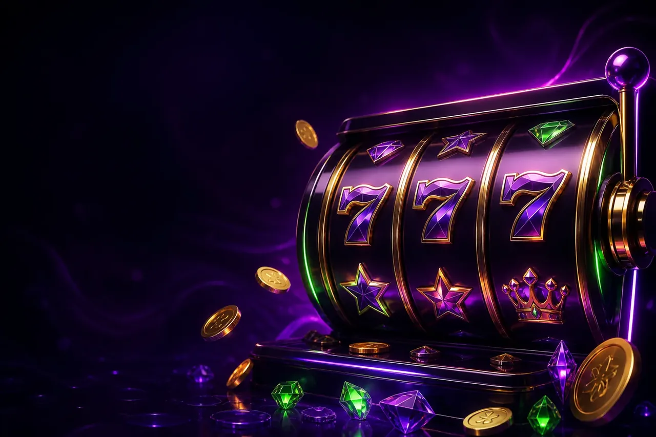 紫と金の光に包まれたスロットマシン・1winカジノ