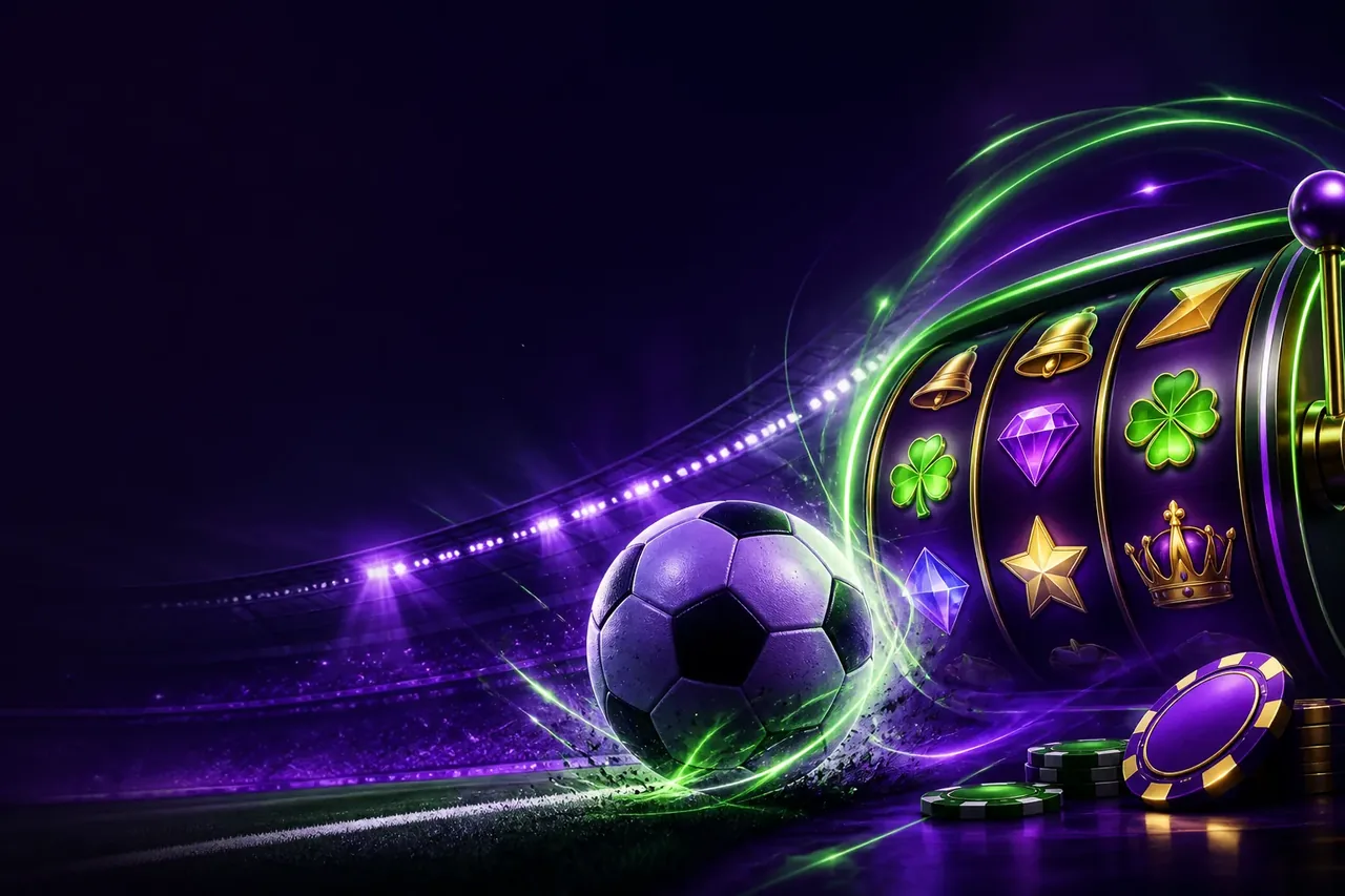 紫と緑の光に包まれたスロットとサッカーボール・1winのカジノとスポーツ